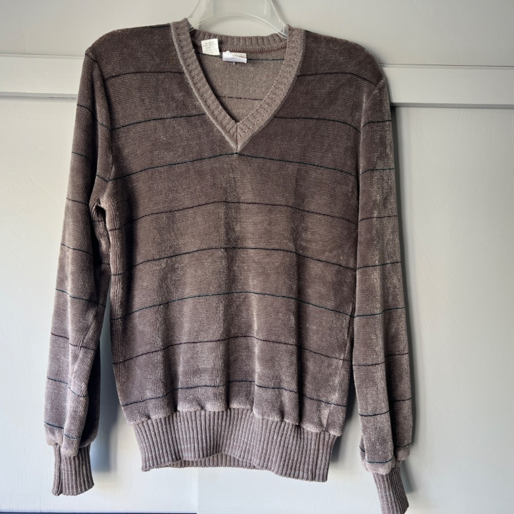 Vintage 70s Kennington CA Brown Striped Velour V-Neck Pullover Shirt M